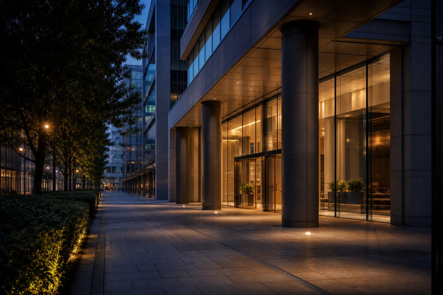 Modern commercial building at dusk